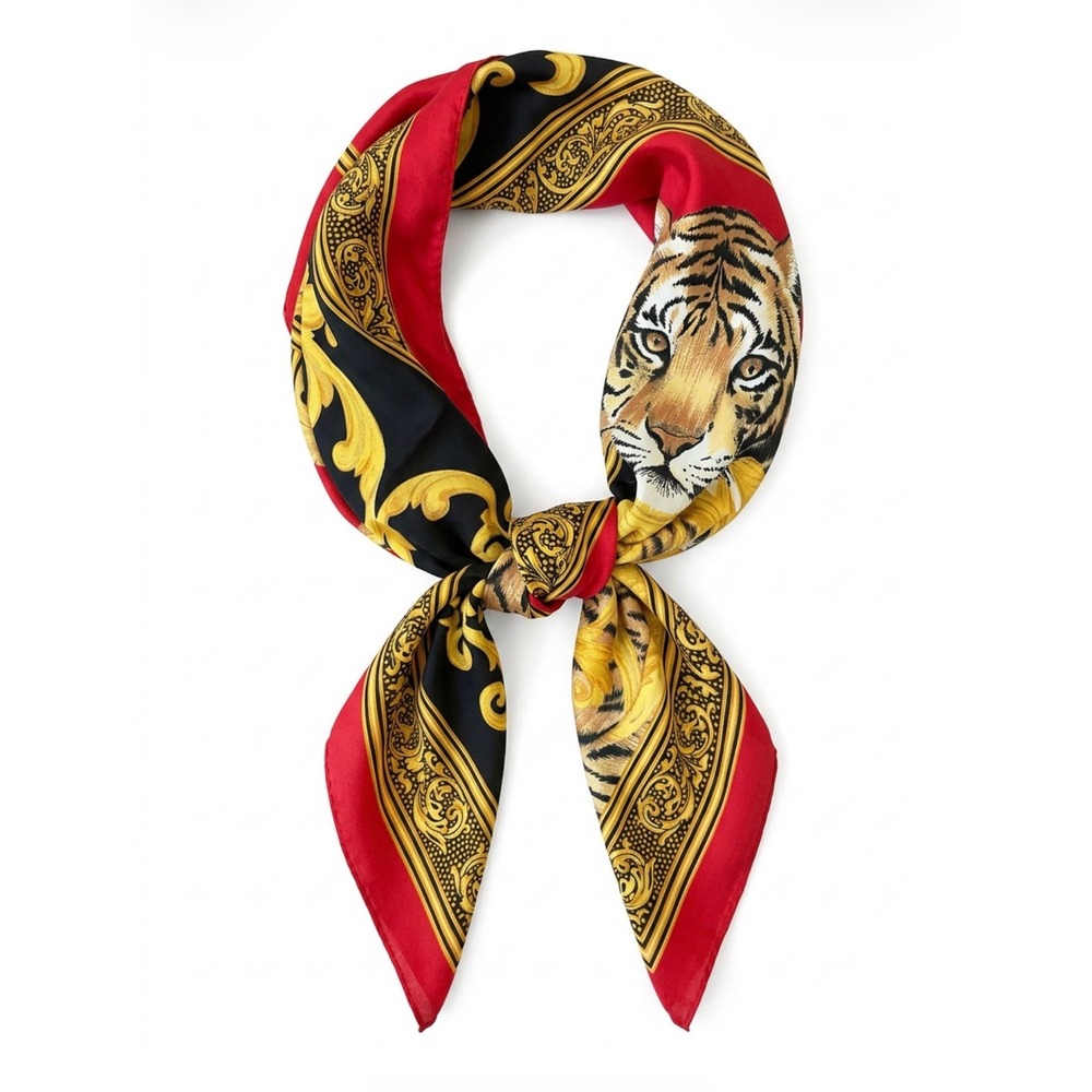 Honey Tiger Print Scarf Red Gold Black 100% Polyester Luxury Square Wrap Vintage